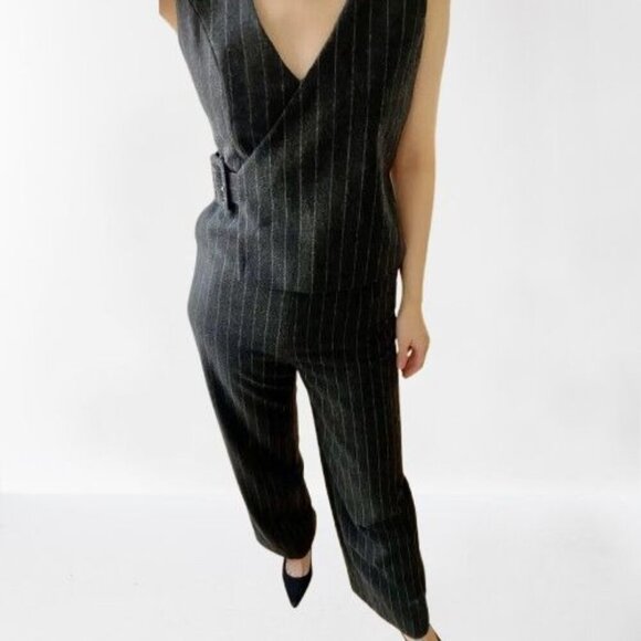 SUISTUDIO Wool Jumper Charcoal Gray Wool Stripes Lined Wide Leg - Picture 2 of 15